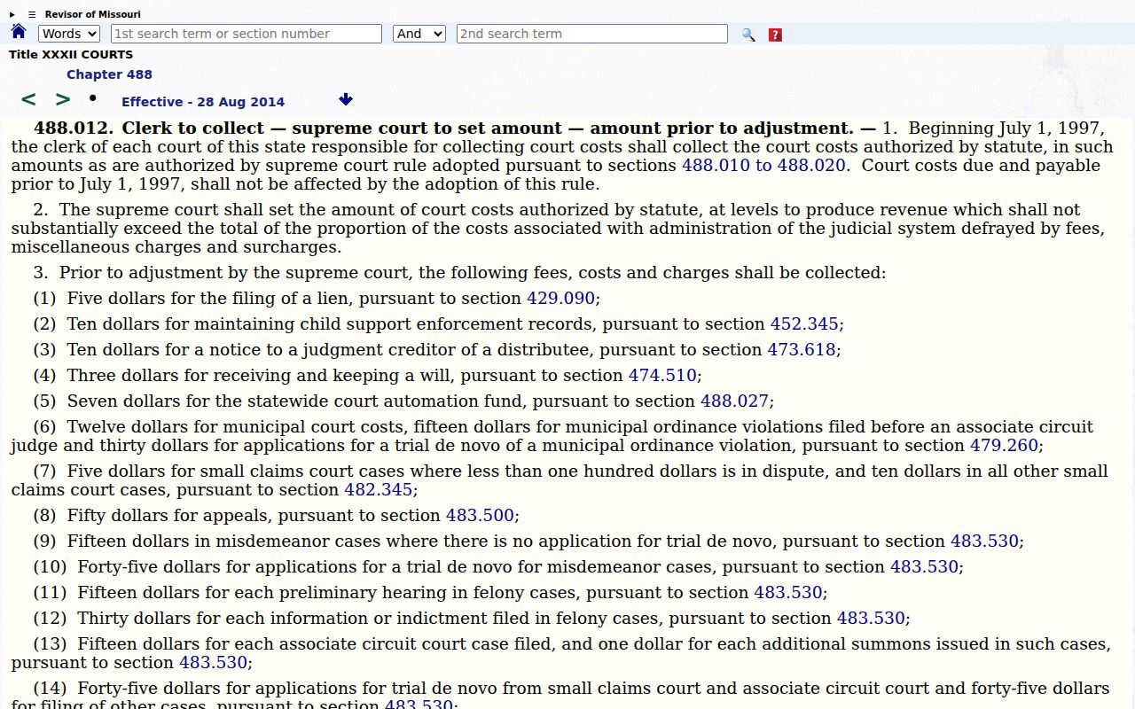 Pike County civil docket research showing Missouri statutory court costs