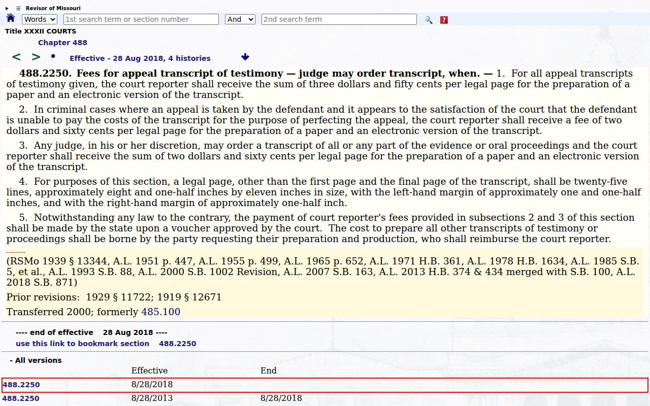 Pike County civil docket research showing Missouri court reporter transcript fee statute
