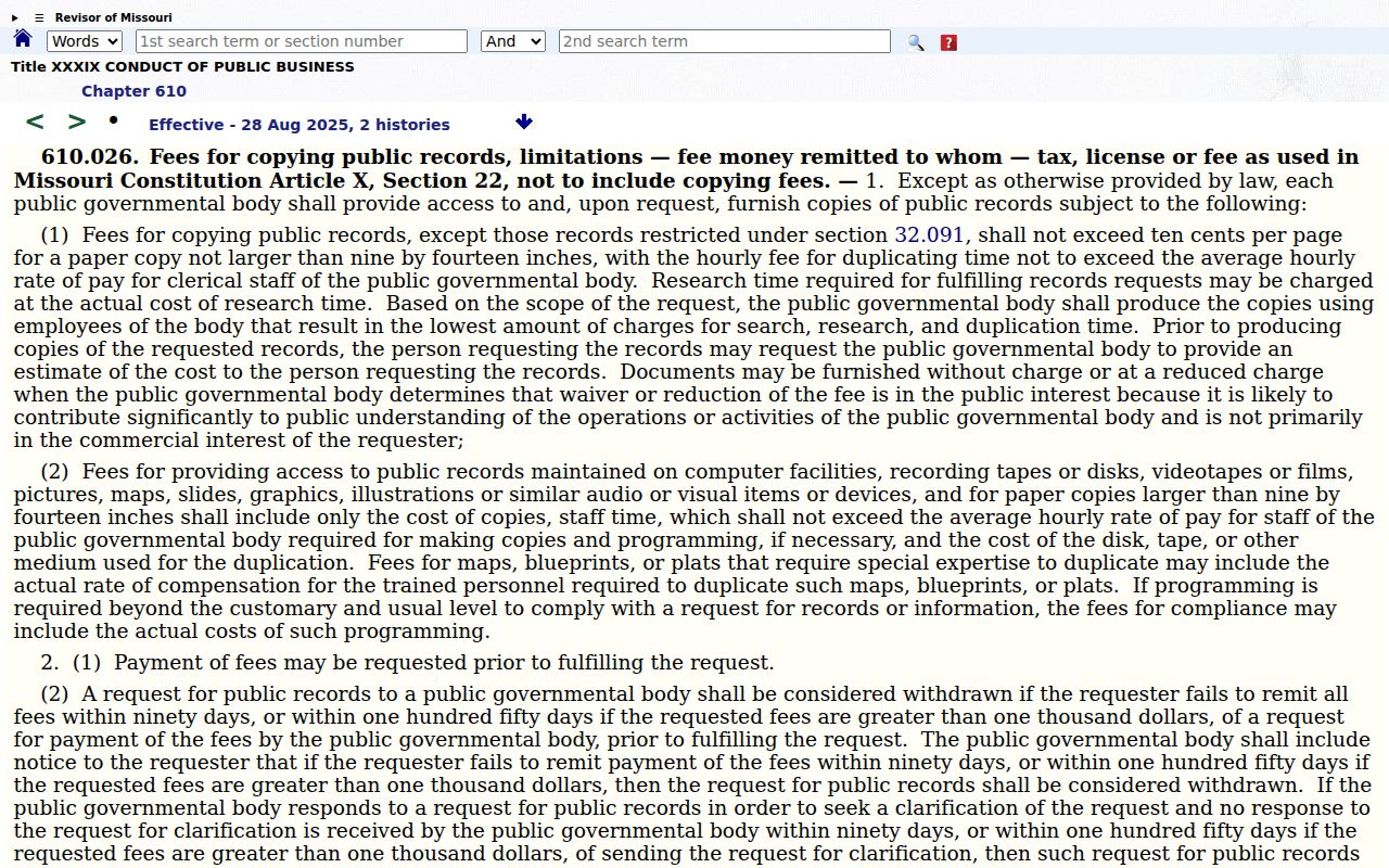 Pike County court record search Missouri copying-cost statute source